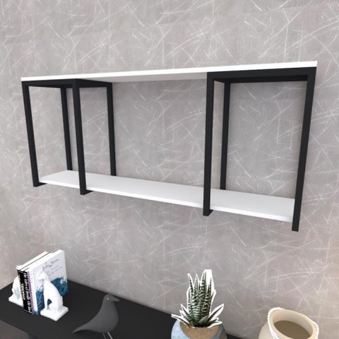 Prateleira Industrial Suspensa Estante Parede Nicho Branca Ferro e Madeira Suporte Pratileira