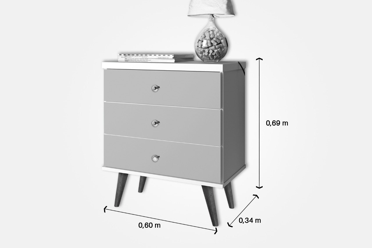 Criado Mesa De Cabeceira Com 3 Gavetas Pés Palito Retrô Em Madeira Maciça – J&A MÓVEIS:Off White/Jeq - 3