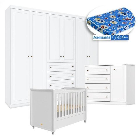 Quarto Infantil Americano 6 Portas Ambiente com Berço Tutto New Branco Fosco e Colchão Ortobom -