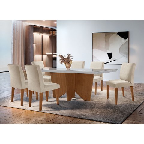Sala de Jantar Mesa Evora 180 Mdf Vidro Canto Reto com 6 Cadeiras Grecia Rufato