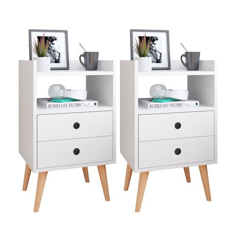 Kit 2 Mesas de Cabeceira Mesinhas Quarto com Nicho e Gavetas Retrô Dream Plus - Branco - Lojas Rpm