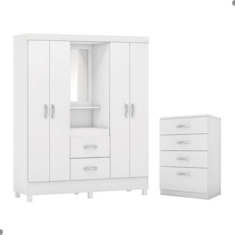 Conjunto de Guarda Roupa e Cômoda Lago da Aurora 4 Portas 6 Gavetas Branco Demóbile