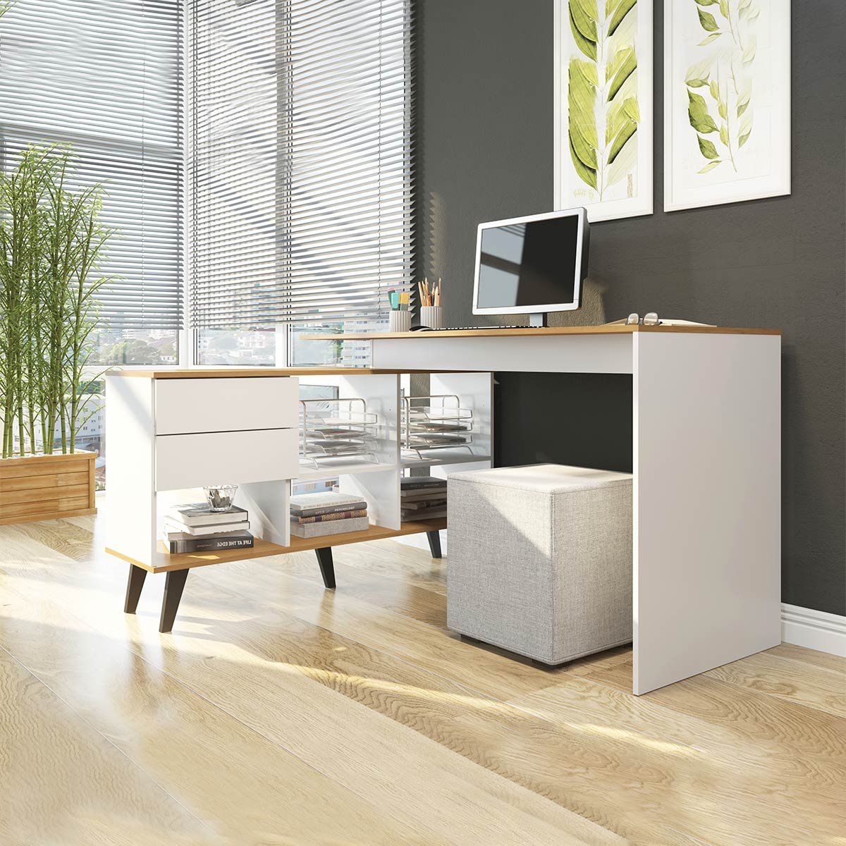 Mesa Home Office com Estante Nicho 145 x 127 Cm 2 Gavetas Pés Retrô MDP Branco Carvalho 0747 - MENU - 2