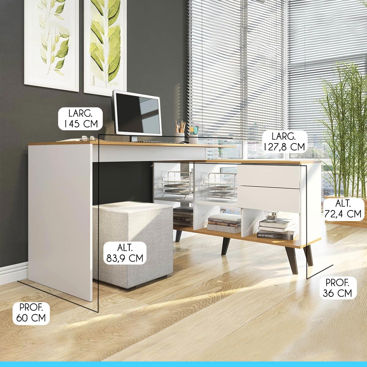 Mesa Home Office com Estante Nicho 145 x 127 Cm 2 Gavetas Pés Retrô MDP Branco Carvalho 0747 - MENU - 3