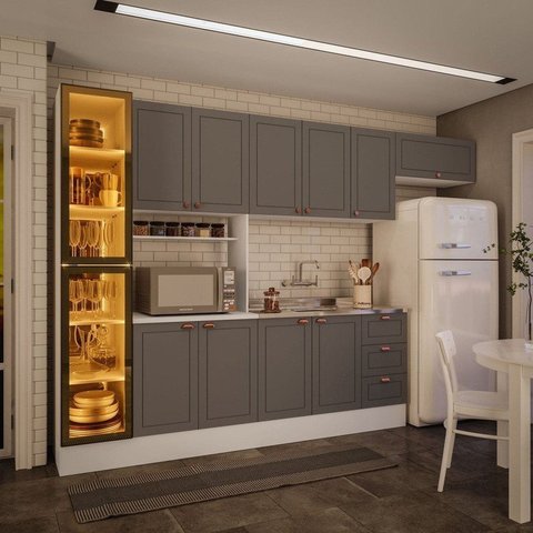 Cozinha Pérola com Rodapé e Cristaleira com LED 5 Peças 320 cm Yescasa Branco