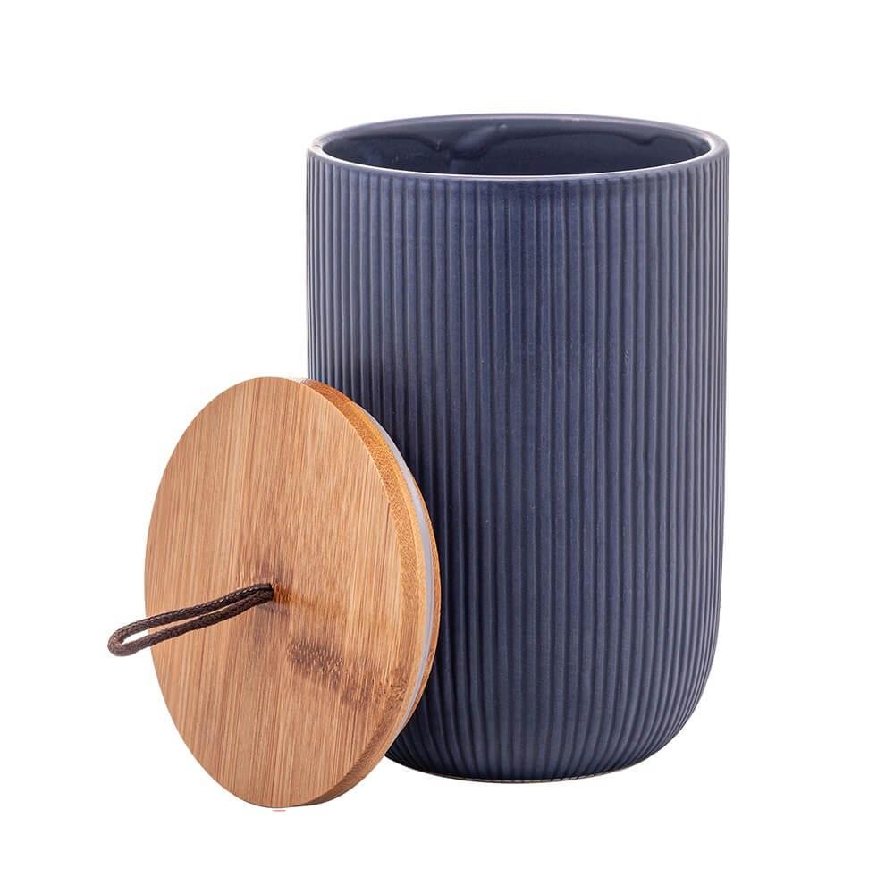 Pote de Cerâmica Hermético com Tampa de Bambu Azul Marinho 15cm - Lyor - 3