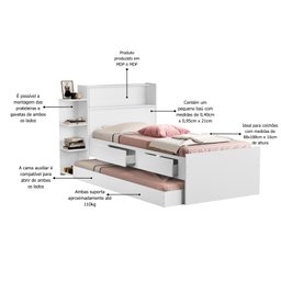 Cama Solteiro Isa Duas Gavetas Bau Nicho com Auxiliar:branco - 5
