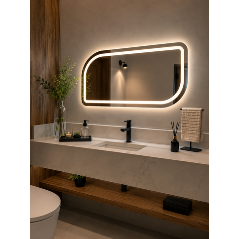 Espelho Orgânico Retangular Modelo c/ LED Frontal em 3 Cores
