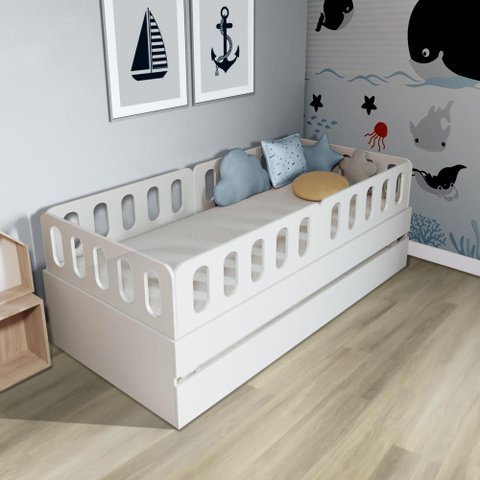 Bicama Solteiro Mdf Bp Branco com 04 Grades e Cabeceira Megamobilia