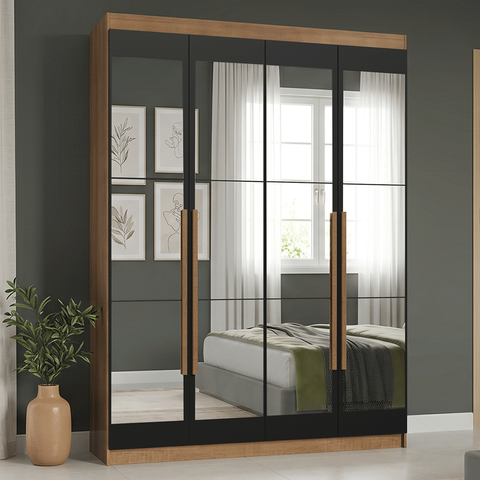 Guarda-Roupa Solteiro 4 Portas Batentes com Espelhos Rustic/Preto/Rustic Saturno Madesa