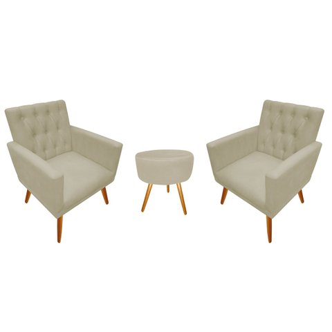 Kit 2 Poltronas Decorativa Nina Capitonê + Puff Redondo Suede Bege Pés Madeira Mz Decor
