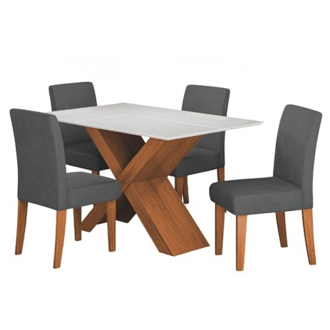 Conjunto de Mesa Sala de Jantar Tampo com Vidro 1,36m Grécia 4 Cadeiras Trieste Dobuê