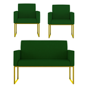 Ver imagem 1 de Kit Sofá 2 Lugares + 2 Poltronas Recepção Sala Base Dourada Cor:verde