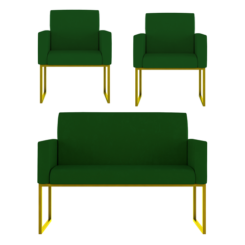 Kit Sofá 2 Lugares + 2 Poltronas Recepção Sala Base Dourada Cor:verde