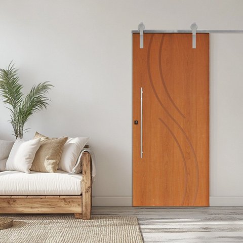 Porta Correr 9 Trilho Soft Aparente Puxador Tubo 60cm 102cm x 210cm Concept Rodam Abertura Direita Marrom