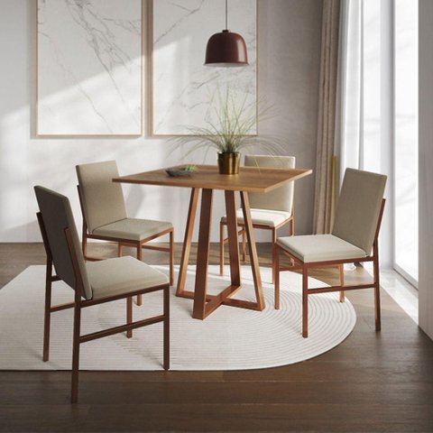 Conjunto de Jantar Mesa Mônaco 90cm Tampo Imbuia com 4 Cadeiras Bege Base Cobre Preto