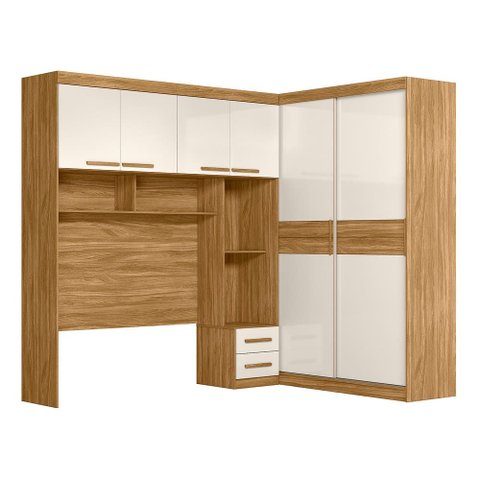 Guarda Roupa Modulado Casal 2 Portas de Correr com Cabeceira - Freijó/Offwhite