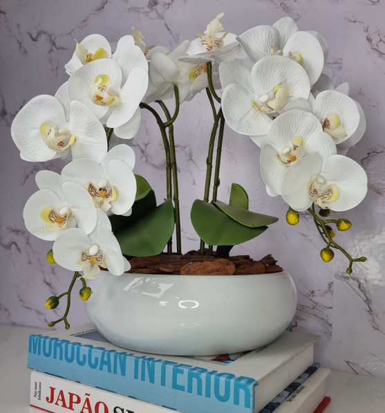 Arranjo Com 4 Orquídeas Branca Vaso Ceramica 28cm - 1