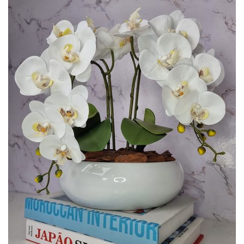 Arranjo Com 4 Orquídeas Branca Vaso Ceramica 28cm
