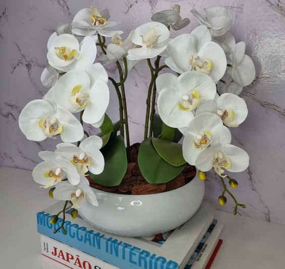 Arranjo Com 4 Orquídeas Branca Vaso Ceramica 28cm - 3