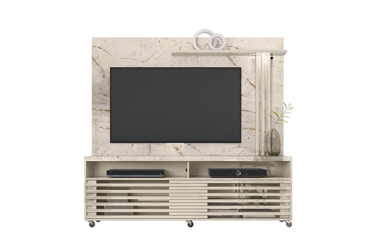 Estante Rack Com Painel Para TV até 65" Led 2 Portas Com Rodízio Calacata Off White - Madetec