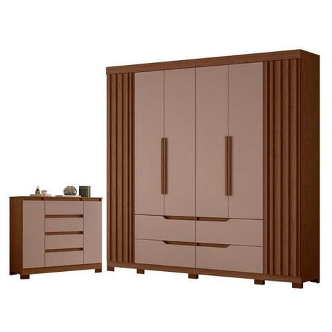 Guarda Roupa Doble Casal 06 Portas e Cômoda Sapateira Atena 04 Gavetas e 02 Portas Nogueira