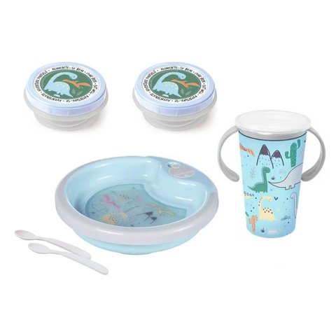 Kit Refeição Bebê Infantil Prato Térmico Ventosa Copo Mágico 360º e Potes Dino