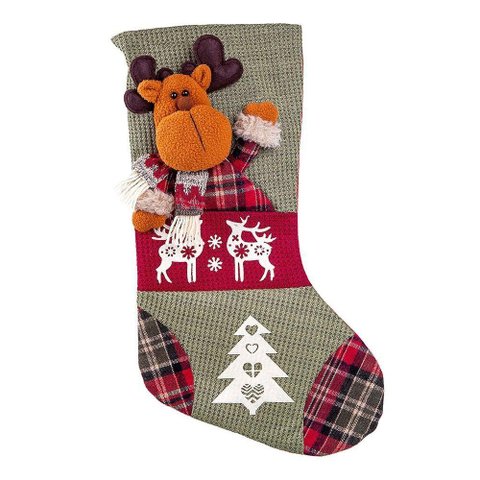Bota de Natal Decorativa Suspensa em Poliéster Xadrez 27x47cm Rena