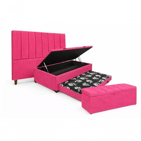Kit de Quarto Heitor Bicama Baú Solteiro Cabeceira e Calçadeira Baú Estofada Veludo Rosa Pink do