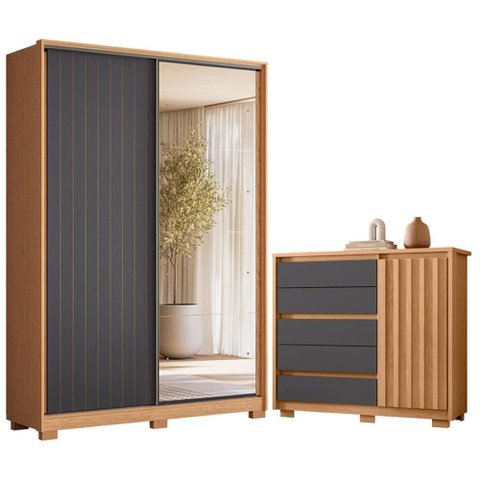 Guarda Roupa Solteiro Frizatto 2 Portas de Correr com Espelho 3 Gavetas MDP Cômoda Sapateira Freij