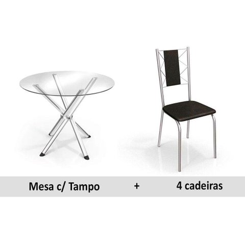 Conjunto: Mesa de Cozinha Volga c/ Tampo de Vidro 95cm + 4 Cadeiras Lisboa Cromado/Preto -