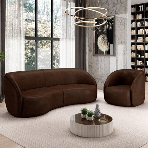 Kit Sofá 4 Lugares Eron 240cm com Poltrona Giratória Angelina M03 Couríssimo Marrom - Lyam Decor