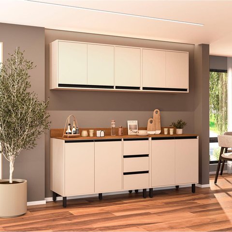 Cozinha Koya 4 Peças 200x214cm Armários Aéreos Balcões com 3 Gavetas e Tampo Creme 250040