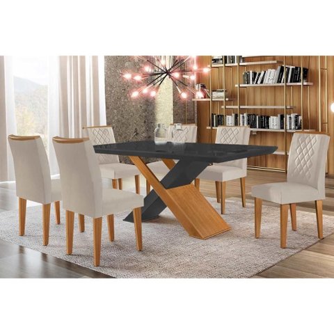Conjunto: Mesa de Cozinha Imperatriz Tampo Madeirado C/ Vidro Canto Curvo 180x90 e 6 Cadeiras Jade