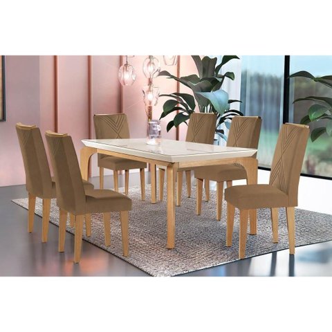 Sala de Jantar Completa Londrina C/ Tampo Madeirado Vidro Canto Reto 180x90cm e 6 Cadeiras Amsterd