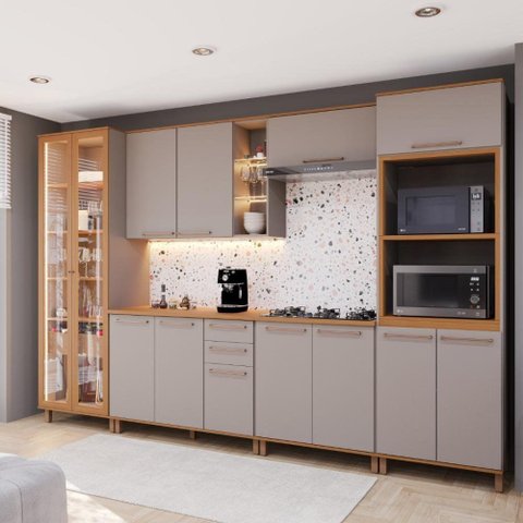 Armário de Cozinha Modulada Completa Fidelitá Berlim 6 Peças 340cm 13 Portas 3 Gavetas com Tampo
