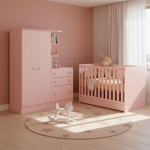 Quarto de Bebe Infantil Doce Sonho Berço Vira Cama e Guarda Roupas com Cômoda Qmovi
