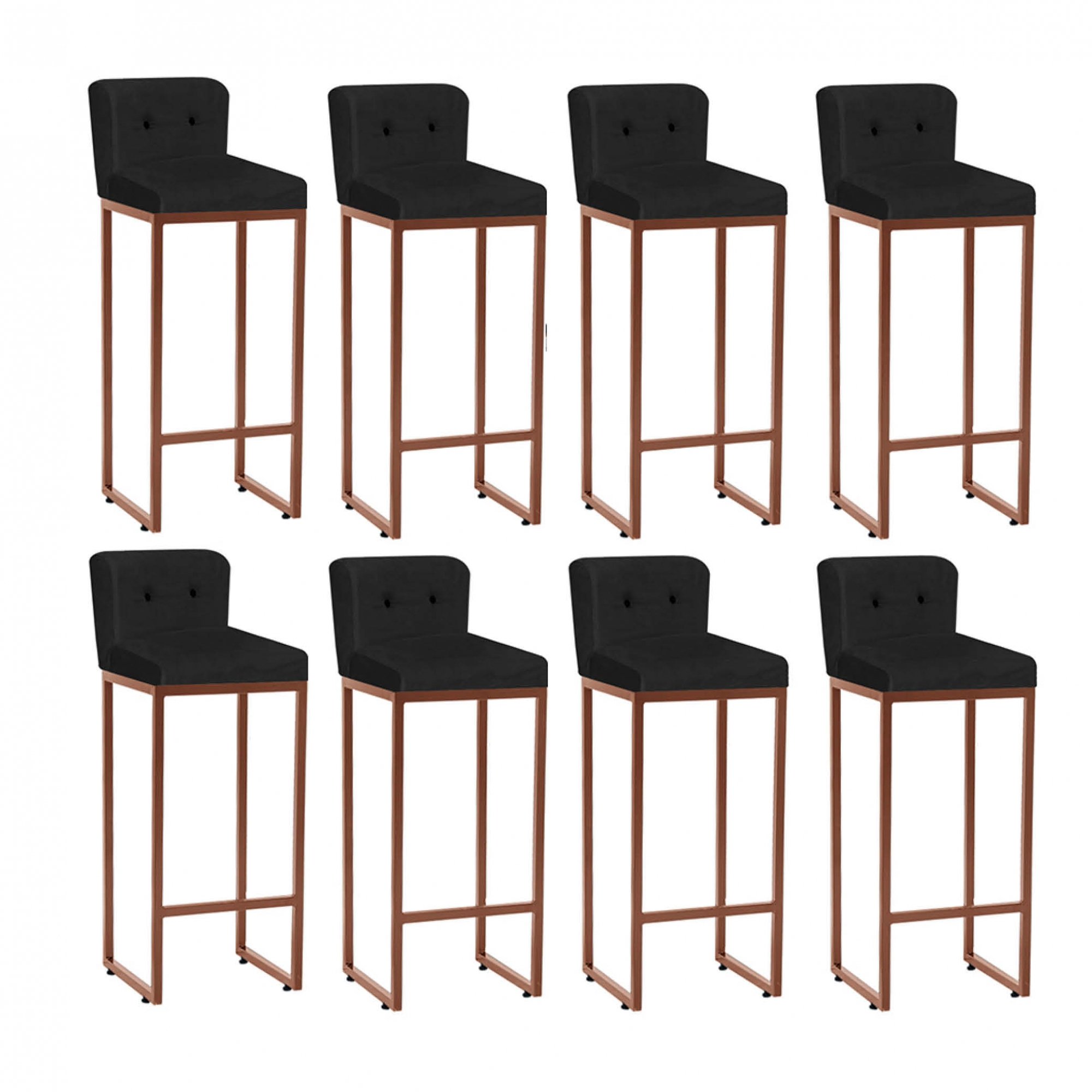 Kit 08 Banqueta Alta C/ Encosto Lucca Industrial Cozinha Balcão Ferro Bronze Botão Preto Suede - 1