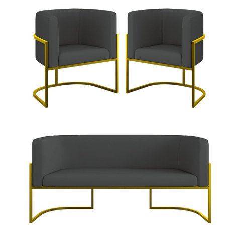 Kit Sofá 2 Lugares + 2 Poltronas Corino para Recepção Gold Cor:cinza