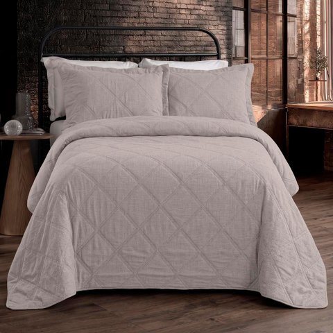 Kit Colcha King Size Urban Linen Bege Textura Linho 3 Peças Rozac
