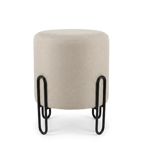 Puff Banqueta Decorativo com Base de Metal Ferro e Tecido em Linho - Bege/Preto