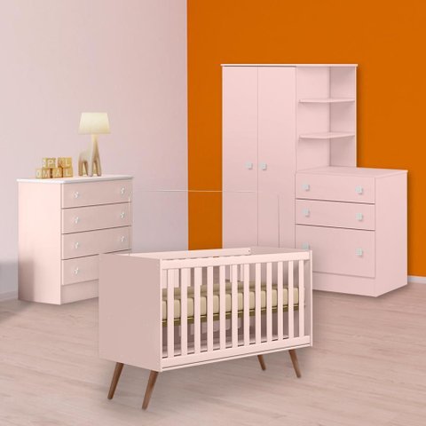 Conjunto Berço Mini Cama Retrô, Cômoda 4 Gavetas e Guarda Roupa C/ Cômoda Rosa