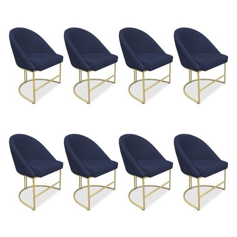 Kit 08 Cadeiras Poltrona de Jantar Bela Veludo Azul Marinho Base Metálica Industrial Dourado -