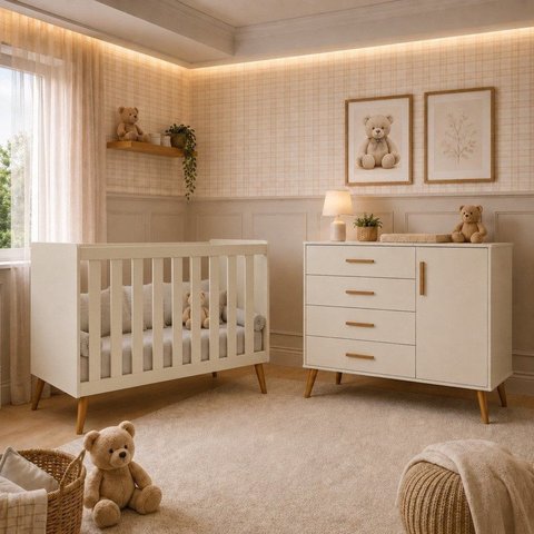 Quarto de Bebê Completo Isis / Berço 2 em 1, Cômoda Sapateira 100% MDF