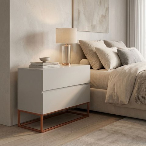 Mesa de Cabeceira Grande com Gavetas Espaçosas Eros 60cm Off White Pés Cobre Estilo Industrial