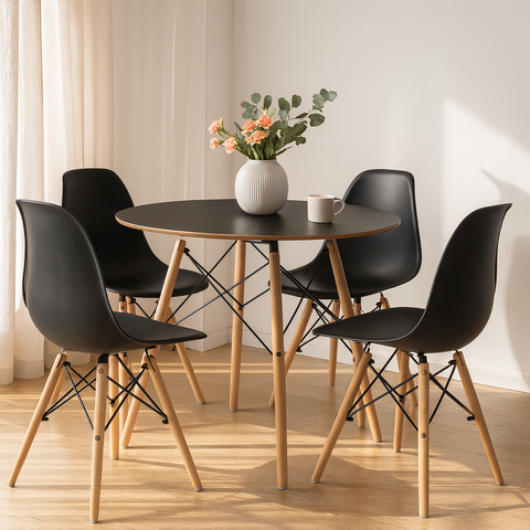Sala de Jantar Completa Mesa Eames Preta 90 Cm com 4 Cadeiras Pretas Dsw