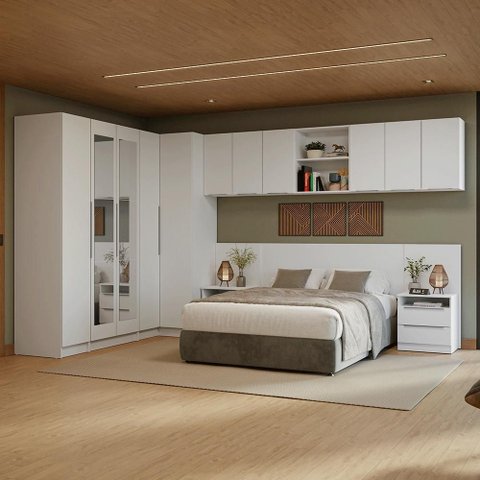 Quarto Completo Casal 580 Cm Guarda-roupa de Canto com Espelhos Branco Neo Madesa 02