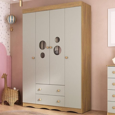 Guarda-roupa Infantil 122cm com Vidro 4 Portas e 2 Gavetas Sonho Multimóveis Mp4473 Madeirado/off