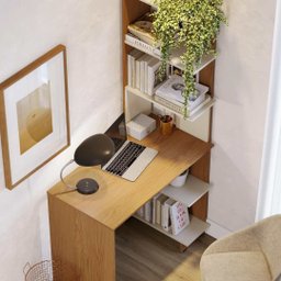 Escrivaninha com Estante Eccos Compacta Madeira Home Office Estudo - Nature com Off White - 2