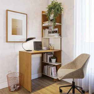Escrivaninha com Estante Eccos Compacta Madeira Home Office Estudo - Nature com Off White